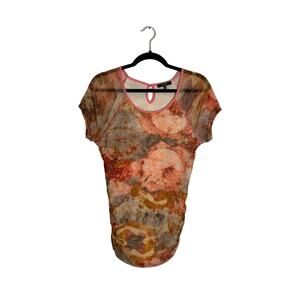 Y2K Mesh Womens Top Shortsleeve Sz M Scoop-Neck Multicolor Rouched Stretch Sheer